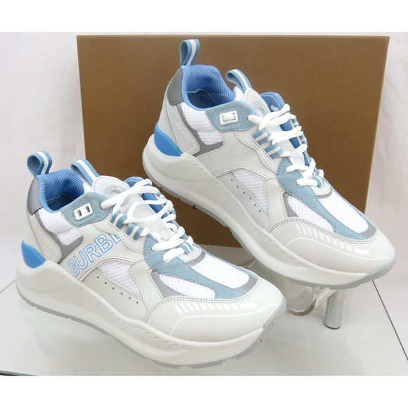$850 BURBERRY SEAN WHITE SUEDE MESH PALE BLUE LOGO LOW SNEAKERS 41 US 8 ITALY main image 8